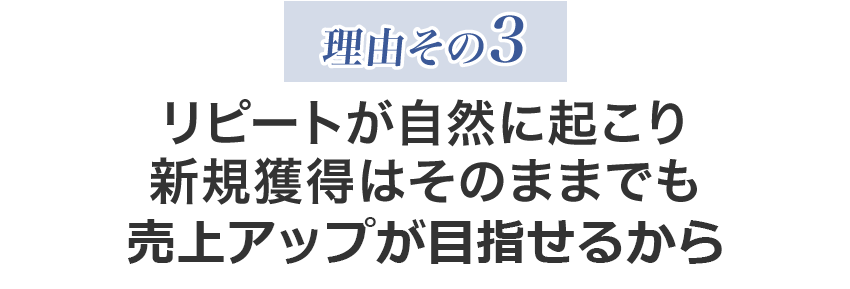 理由その3：リピートが自然に起こり新規獲得はそのままでも売上が2倍にあがるから